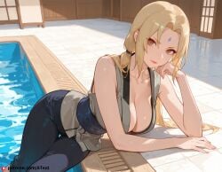 ai_generated bare_arms bare_shoulders blonde_hair breasts brown_eyes cleavage collarbone facial_mark forehead_mark grey_kimono japanese_clothes kimono large_breasts leaning long_hair low_twintails makeup mature_female naruto pants parted_bangs sash sleeveless swimming_pool tearing_up tsunade twintails yellow_hair