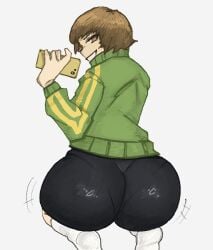 1girls alternate_version_available ass ass_focus atlus big_ass bottomless brown_eyes brown_hair clothed female female_only from_behind huge_ass jacket looking_at_viewer looking_back miniskirt persona persona_4 phone satonaka_chie selfie short_hair shorts smile socks solo solo_female solo_focus spats sunzo05 teasing thick thick_ass thick_thighs tomboy