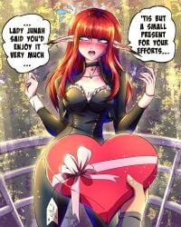 alexymillion blue_eyes blush blush_lines bob_cut chocolate cleavage eiselin_hulkenberg elf_ears elf_female elf_girl embarrassed embarrassed_female gift heart_shaped_box hulkenberg long_ears long_hair looking_away medium_breasts metaphor:_refantazio present red_hair slim_waist tagme valentine's_day wide_hips