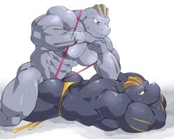 2boys ass bara buff gay machoke male_ass male_focus mankini pink_mankini pokemon pokemon_(species) sex_through_clothes sex_through_thong sexy swimsuit yaoi yellow_swimsuit