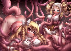 2girls arms_above_head ass bangs blonde_hair blue_eyes blush bondage bottomless bow breast_hold breast_press breasts covered_nipples curly_hair dress emperpep femsub fire_emblem fire_emblem_awakening hair_ornament hairbow large_breasts lifted_by_another lissa_(fire_emblem) long_hair looking_at_viewer maribelle_(fire_emblem) motion_lines multiple_girls multiple_subs nipple_bulge open_mouth paizuri penis pussy rape red_eyes restrained ribbon ringlets sex shaking shaved_pussy shiny shiny_skin sidelocks sweat tentacle tentacles_under_clothes tied_hair trembling twintails vaginal_penetration