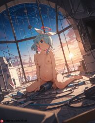 ai_generated arona_(blue_archive) blue_archive blue_eyes blue_hair breasts crying feet halo navel nipples nude planetarium pregnant small_breasts tears toes