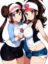 ai_generated bulge bulge_through_clothing futanari hilda_(pokemon) penis_touching_penis penis_under_clothes pokemon rosa_(pokemon) skirt thighhighs yuri