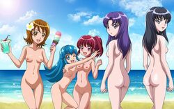 5girls aino_megumi ass bangs beach black_hair blue_eyes blue_hair breasts brown_eyes brown_hair clouds flat_chest flower food hair_flower hanzou happinesscharge_precure! hikawa_iona hikawa_maria large_breasts lens_flare long_hair looking_at_viewer looking_back medium_breasts multiple_girls navel nipples nude one_eye_closed oomori_yuuko out_of_frame pink_eyes ponytail pretty_cure purple_eyes purple_hair pussy red_hair sea shirayuki_hime short_hair sky small_breasts tied_hair