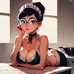 1girls ai_generated bent_over big_breasts bikini_top bottom_up breasts breasts busty busty_female carmen_sandiego_(2019) carmen_sandiego_(franchise) cleavage female female female_focus female_only glasses julia_argent julia_argent_(carmen_sandiego) kitchen kitchen_background large_breasts leaning_forward leaning_on_table leaning_over looking_at_viewer maid maid_bikini maid_cap maid_hat maid_headdress maid_outfit maid_uniform posing posing_for_the_viewer short_hair solo solo_female solo_focus tits_out zupern0va_(manipper)