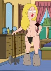 accurate_art_style american_dad ass axe barbarian battle_axe big_ass big_lips blonde_hair cloth cosplay francine_smith frost969 fur_boots long_hair pink_lips