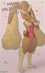 2025 anthro artist_name biped bottomless clothed clothing digital_media_(artwork) english_text feet female fingers generation_4_pokemon genitals heart_symbol hi_res holidays long_ears looking_at_viewer lopunny nintendo one_eye_closed pokemon pokemon_(species) pussy rengaboo simple_background solo text toes valentine's_day