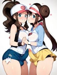 bulge bulge_through_clothing futanari hilda_(pokemon) penis_touching_penis penis_under_clothes pokemon rosa_(pokemon) skirt thighhighs yuri