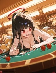 ai_generated black_hair blue_archive blush breasts casino cherry_blossoms fox medium_breasts open_mouth red_eyes sake scars shouting tsurugi_(blue_archive)