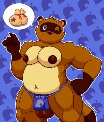 animal_crossing anthro balls barely_visible_balls barely_visible_genitalia belly big_belly blue_background bottomwear brown_body brown_fur bulge canid canine ch4mm0zotz claws clothed clothing facial_markings fur genitals glistening glistening_balls glistening_genitalia glistening_nipples gloves_(marking) head_markings ineffective_clothing ineffective_loincloth loincloth looking_at_viewer male mammal markings mask_(marking) moobs mostly_nude musclegut muscular muscular_anthro muscular_male navel nintendo nipples one_eye_closed pattern_background raccoon_dog simple_background solo standing tail tanuki thick_thighs tom_nook_(animal_crossing) topless tuft wink winking_at_viewer