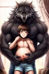 age_difference ai_generated canine gay human inflation male mpreg muscular pregnant pregnant_male questionable size_difference werewolf wolf