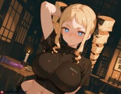 1girl ai_generated beatrice beautfiul_background blue_eyes crop_top dildo dim_candlelight drill_hair drunk empty_room female_child hand_behind_head huge_breasts izakaya long_hair several_boys sidelocks sigh stunning_backgroud symbol-shaped_pupils twin_drills twintails wild_party