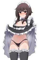 1girls black_legwear black_panties blush breasts brown_hair dress_lift female flat_chest gloves kagironsfw kono_subarashii_sekai_ni_shukufuku_wo! legwear light-skinned_female light_skin maid maid_headdress maid_uniform megumin panties partially_clothed red_eyes short_hair skirt_lift solo solo_female stockings sweat thighhighs youjo