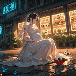 ai_generated beautfiul_background bloodstained bowl crouching desolate_landscape dirty disappointed glowing_neon_lights katori_batsuunsai lawn medium_breasts onigiri plant pregnant snowy stunning_backgroud wedding_dress white_dress