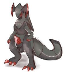 2020 animal_genitalia animal_penis bloowolfy blush bodily_fluids cum erection generation_5_pokemon genital_fluids genitals haxorus male nintendo penis pokemon pokemon_(species) reptile scalie semi-anthro solo