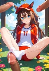 after_footjob ai_generated animal_ears blue_eyes brown_hair brown_penis bukkake cum_in_sock cum_on_socks el_condor_pasa_(umamusume) female footbang footjob horse_ears horse_girl horse_tail sockjob umamusume umamusume_pretty_derby