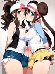 ai_generated bulge bulge_through_clothing futanari hilda_(pokemon) penis_touching_penis penis_under_clothes pokemon rosa_(pokemon) skirt thighhighs yuri