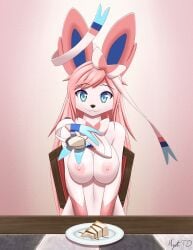 absurd_res anthro areola blue_eyes cake cheesecake cute_fangs dessert eeveelution fangs female food generation_6_pokemon hair hi_res long_hair looking_at_viewer myssedakes nintendo nipples nude pink_hair pokemon pokemon_(species) smile solo sylveon teeth