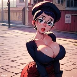 1girls ai_generated beret big_breasts black_beret black_hat black_shirt bow bowtie breasts breasts busty busty_female carmen_sandiego_(2019) carmen_sandiego_(franchise) cleavage complex_background female female female_focus female_only glasses hat julia_argent julia_argent_(carmen_sandiego) large_breasts lips lipstick looking_at_viewer short_hair solo solo_female solo_focus standing zupern0va_(manipper)