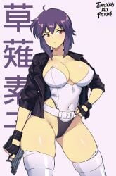 ahoge artist_name belt black_jacket boots breasts cleavage collarbone covered_navel covered_nipples female fingerless_gloves ghost_in_the_shell ghost_in_the_shell:_stand_alone_complex gloves gun handgun highleg highleg_leotard highres holding holding_gun holding_weapon jacket jarckius kusanagi_motoko large_breasts leotard looking_at_viewer orange_eyes purple_hair purple_nails short_hair thigh_boots thighhighs weapon