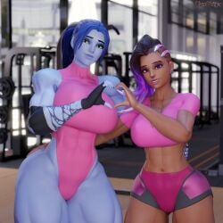 2girls 3d activision amelie_lacroix big_ass big_breasts big_thighs blizzard_entertainment blue-skinned_female blue_body blue_skin breasts bubble_ass bubble_butt bust busty chest curvaceous curves curvy curvy_figure dark_skin dark_skinned_female female gym hips hourglass_figure huge_ass large_ass legs mature mature_female muscular muscular_female olivia_colomar overwatch overwatch_2 slim_waist sombra thick thick_ass thick_hips thick_legs thick_thighs thighs valentine's_day voluptuous voluptuous_female vonsvaigen waist wide_hips wide_thighs widowmaker