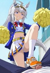 ai_generated animal_ears evil_smile feet feet_focus grey_hair horse_ears horse_girl horse_tail oguri_cap_(umamusume) penis shoes shoes_focus smile socks stepped_on stepping_on_penis umamusume umamusume_pretty_derby