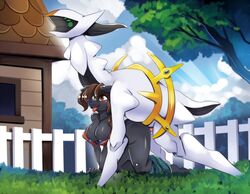 1boy 1girls 2016 all_fours anthro anthro_on_feral arceus big_breasts blue_nipples blue_nose breasts brown_eyes brown_hair canine doggy_style female female_anthro femsub feral freedomthai from_behind_position furry hair interspecies legendary_pokemon male male/female male_pokemon male_pokemon/female_anthro maledom mammal nintendo nipples open_mouth penis pokemon pokephilia sex sherri_mayim straight tongue tongue_out video_games zoophilia