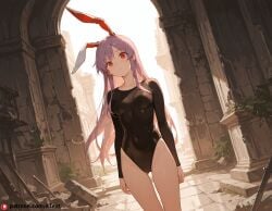 ai_generated ancient_ruins athletic_leotard beautfiul_background disappointed leg_raise reisen_udongein_inaba small_breasts stunning_backgroud