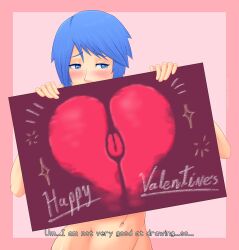 aqua_(kingdom_hearts) athletic_female blue_hair blush bubble_butt card completely_nude_female dialogue disney embarrassed head_tilt heart highres kingdom_hearts looking_at_viewer paint pale_skin self_upload square_enix stradivarius text valentine's_day wholesome