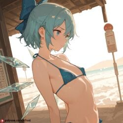 ai_generated bikini blue_eyes blue_hair breasts bus_stop cirno flat_chest navel nipple_outline touhou