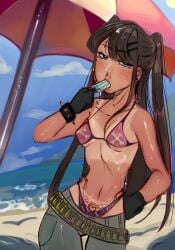 alt_girl beach beach_background beach_umbrella black_hair girl girly ice_cream jeans long_hair oc oc_character skinny tan_body tan_skin tattoo thin_waist