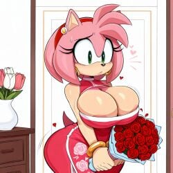 1girls ai_generated amy_rose bouquet dress furry furry_female green_eyes holding huge_breasts pink_fur pink_hair roses sonic_(series) sonic_the_hedgehog_(series) strapless_dress