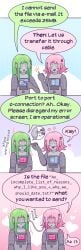 2girls android blush color_coded_speech_bubble comic comic_page cord english_text female/female female_only glitching green_hair heart hearts hearts_around_body hearts_around_head long_hair multiple_girls overheating pink_hair robot robot_girl robot_humanoid romantic_ambiance short_hair speech_bubble text welcome_to_heaven wireplay yuri