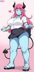 ai_generated aianonguy bbw beatrix_(aianonguy) blue_skin bracelet chubby demon demon_girl dross_(style) female female_only horns oc painted_nails pink_hair sandals school_uniform self_upload stable_diffusion tail thick_thighs