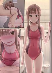 1boy 1girls bare_arms bare_legs bathroom blush breasts brown_eyes brown_hair cleavage closed_eyes clothing collarbone comic competition_swimsuit covered_navel deepthroat eye_contact eyebrows_visible_through_hair fellatio female fringe hair_bun hair_over_one_eye idolmaster idolmaster_cinderella_girls implied_deepthroat kneeling kneeling_female long_hair looking_at_viewer male medium_breasts mizumoto_yukari one-piece_swimsuit one_eye_obstructed open_mouth oral pleasure_face pov public seductive_look sex silent_comic smile solo_focus spread_legs surprise swimsuit takemasa teenager toilet urinal vaginal_penetration younger_female