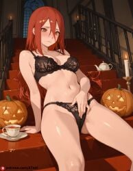 ai_generated blush breasts brown_eyes female fingering_through_panties flustered jack-o'-lantern lace_lingerie long_hair medium_breasts naruto navel red_hair stairs tayuya tea