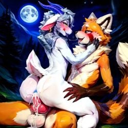 ai_generated anal_sex balls black_fingertips blue_anus blue_nipples blush cum cum_from_penis cum_in_ass cum_inside cum_on_body duo eye_contact femboy forest frosting.ai furry gay girly goat hild_(zataekink) horns looking_at_viewer male male/male moon mr_diddlez night penis precum red_panda rosso_(mr_diddlez) saliva scut_tail smile stars yellow_eyes