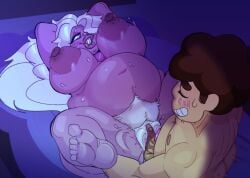 1boy 1girls amethyst_(steven_universe) ass_grab big_belly chest_jewel fat gem_(species) gnausea gnauseating huge_ass huge_breasts indoors large_areolae lips long_hair lying lying_on_back missionary missionary_position open_mouth purple_body purple_skin sex steven_quartz_universe steven_universe steven_universe_future straight sweat url white_hair wince