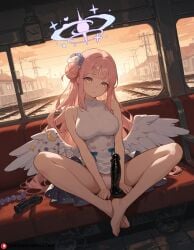 ai_generated annoyed blue_archive dildo feet large_breasts mika_(blue_archive) pink_hair railroad toes wings