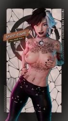 1girls 3d belly_piercing black_legwear breasts female female_only hobbyr34 looking_at_viewer luna_snow luna_snow_(marvel_rivals) marvel marvel_rivals multicolored_hair navel_piercing necklace pierced_nipples smile tattoo tattoos topless