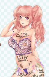 body_writing candace_crush condom condom_belt g-string huniepop huniepop_2 pink_eyes pink_hair pink_hair_female pink_lipstick see-through see-through_clothing see-through_top