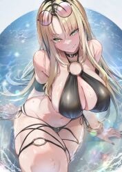 big_breasts bikini blonde_hair cleavage flowglow hips_wider_than_shoulders hololive hololive_dev_is hololive_flow_glow koganei_niko large_breasts looking_at_viewer omoti_(1201208) swimsuit thick_hips virtual_youtuber water wet wide_hips