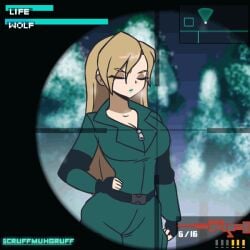 1girls animated aqua_lipstick blonde_hair blush bodysuit breasts crosshair female female_only flashing flashing_breasts funny green_lipstick gun hud jacket large_breasts lipstick metal_gear_(series) metal_gear_solid nipples no_bra open_clothes open_jacket scruffmuhgruff sniper sniper_wolf unzipped_bodysuit unzipping_bodysuit