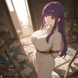 ai_generated bangs beautfiul_background blunt_bangs bondage bright_pupils faint_smile fern_(sousou_no_frieren) half_updo huge_breasts long_hair messy_room purple_eyes purple_hair sidelocks sousou_no_frieren stunning_backgroud walking