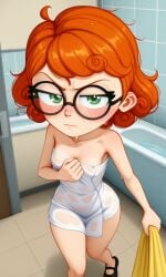 after_shower ai_generated angelo_rules angry bathroom female female_focus female_only ginger glasses half-closed_eyes looking_at_viewer orange_hair petite petite_body pov see-through see-through_clothing see-through_towel solo solo_female solo_focus towel towel_only tracy_flickinger