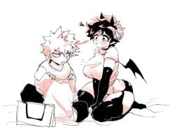 1boy 1girls bakugou_katsuki big_breasts busty busty_female deku female female_deku female_focus genderswap_(mtf) izuku_midoriya katsuki_bakugou midoriya_izuku mrtm0102 my_hero_academia pout pouting rule_63 short_hair_female skimpy skimpy_clothes succubus succubus_horns succubus_wings thick_thighs thighhighs voluptuous voluptuous_female