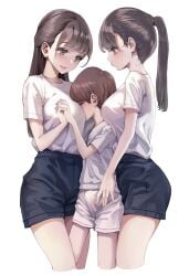 1boy 2girls aroused bangs between_breasts blush breast_smother breasts brown_hair bulge closed_eyes face_to_breasts girl_sandwich gym_uniform head_between_breasts height_difference highres holding_hands koh_(minagi_kou) looking_down multiple_girls original ponytail sandwiched shirt shorts sidelocks sweat thighs white_shirt