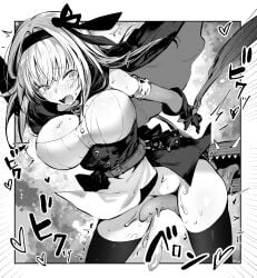 absurdres bare_shoulders bottomless breasts capelet cleavage cunnilingus dress female gloves greyscale highres large_breasts long_tongue medium_hair mimic monochrome oral original piratescat01 saliva sharp_teeth solo_focus strapless strapless_dress teeth thighhighs tongue