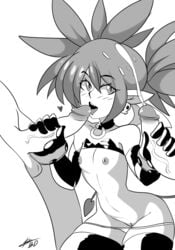 2boys bigdeadalive black_and_white blush collar cum demon_girl disgaea double_handjob ejaculation elbow_gloves etna female flat_chest gloves handjob heart highres multiple_boys nipples panties panties_down penis pointy_ears pussy skull skull_earrings slit_pupils smirk solo straight sweat tail thighhighs threesome tied_hair twintails underwear wide_hips wings