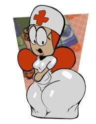 breasts brown_hair clothed clothing female female_focus female_only massive_ass massive_thighs monstorlilly nurse nurse_cap nurse_uniform shortstack